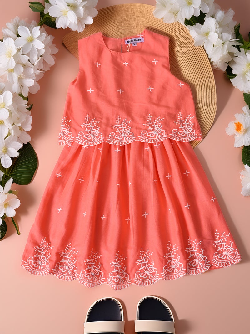 Bella Moda Coral Sleeveless Floral Dress for Girls